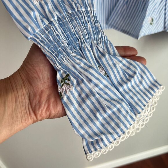 J.O.A Floral Embroidered Striped Blouse Bell Sleeve Medium White Blue - Picture 3 of 11